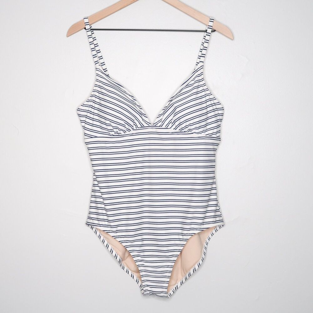 Kona Sol Womens One Piece Swimsuit Large White Blue Stripes Nautical Coastal